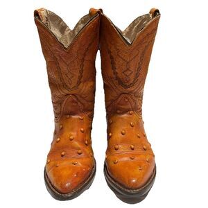 Vintage Kids Arango Full Quill Ostrich Print Boots Cognac Western Size 9.5